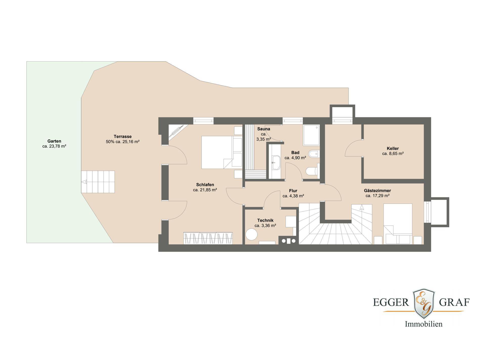 Grundriss des Untergeschosses mit Schlafzimmer, Sauna, Bad und Keller.