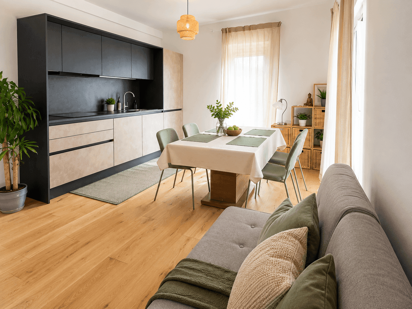 Moderner Wohn-Essbereich mit integrierter Küche, Esstisch und bequemer Couch.