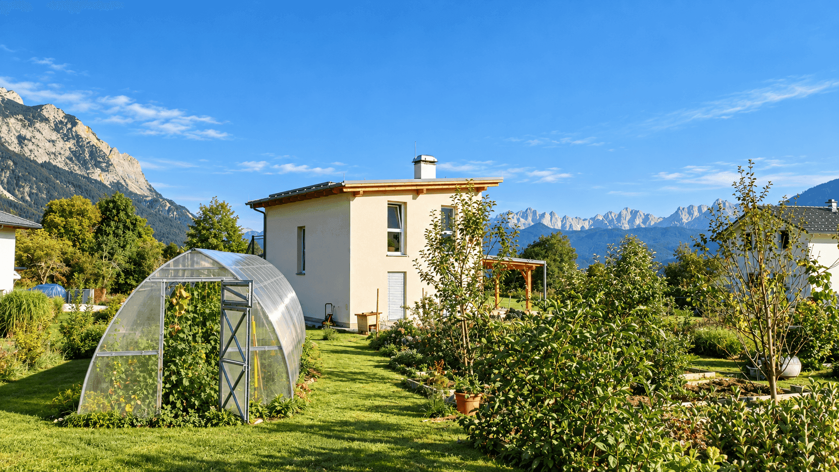 Modernes Haus mit großem Garten, Gewächshaus und beeindruckendem Bergblick unter blauem Himmel.