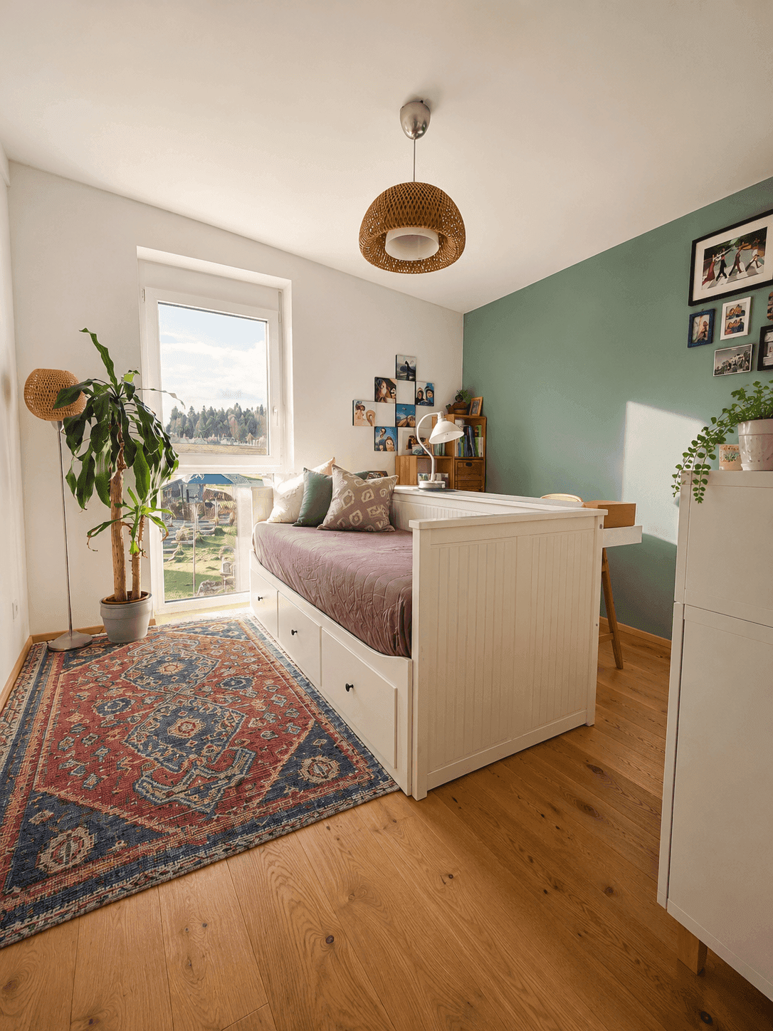 Freundliches Kinder- oder Gästezimmer mit Tagesbett, Schreibtisch und grün gestrichener Wand.