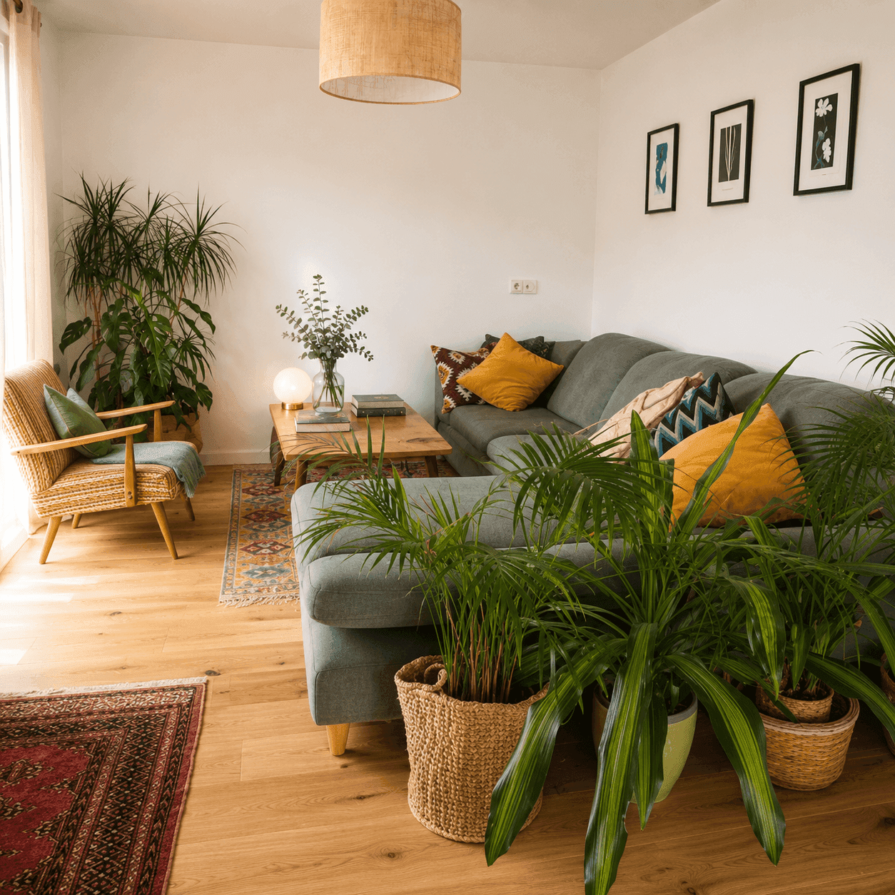 Gemütliches Wohnzimmer mit großem Ecksofa, vielen Pflanzen und hellem Eichenparkettboden.