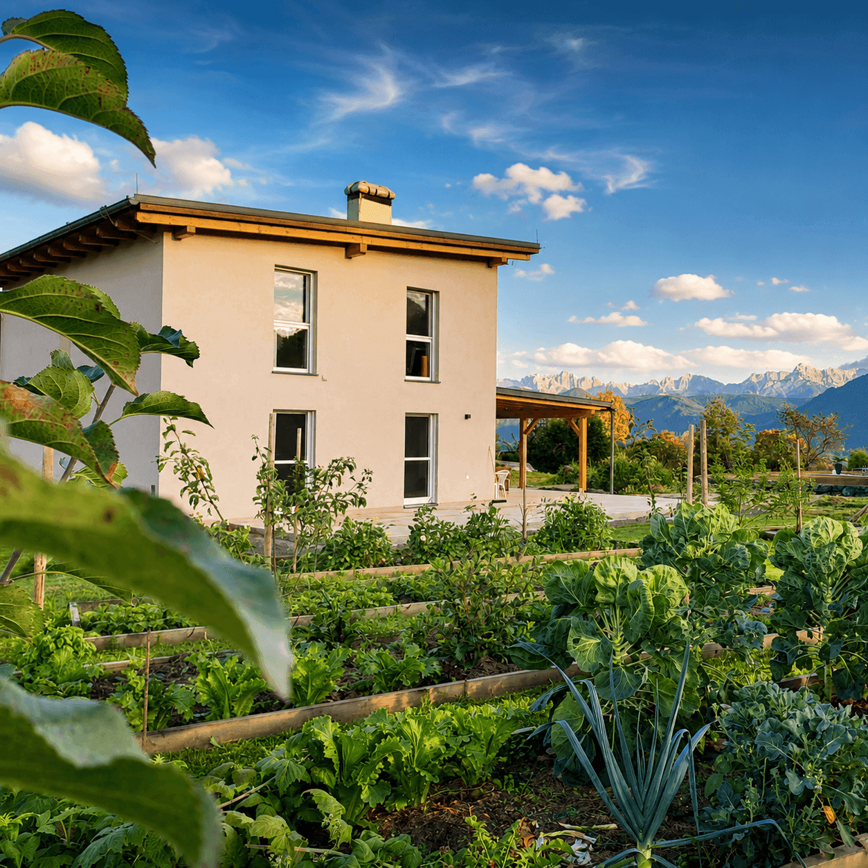 Hausansicht von der Seite mit einem gepflegten Gemüsegarten und majestätischem Bergpanorama im Hintergrund.