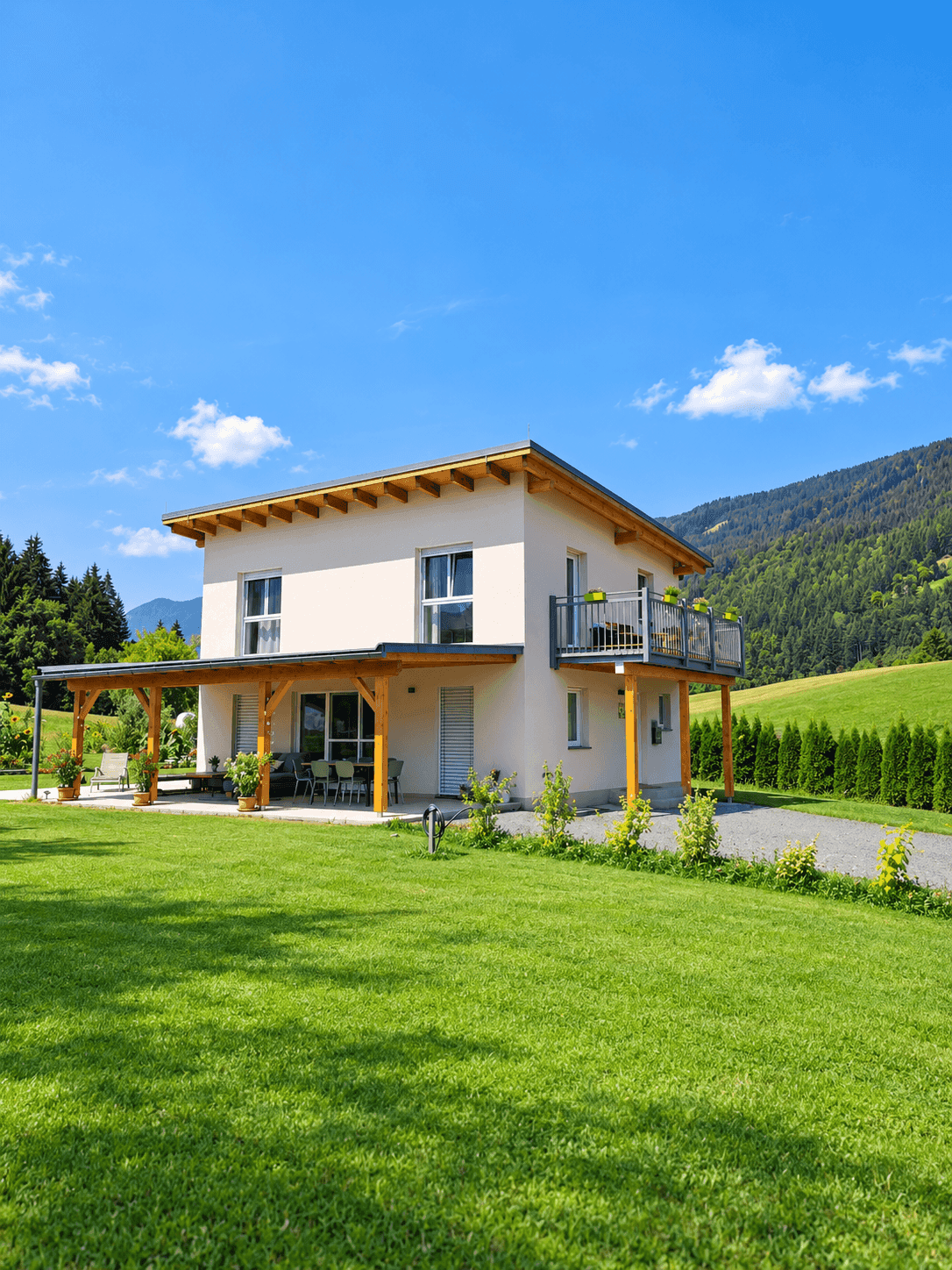 Freistehendes Haus mit gepflegtem Rasen, überdachter Terrasse und Balkon vor einer malerischen Bergkulisse.