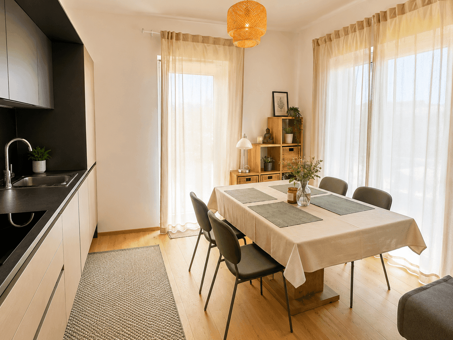 Moderne Küche mit Essbereich, großen Fenstern und hellem Eichenparkettboden.