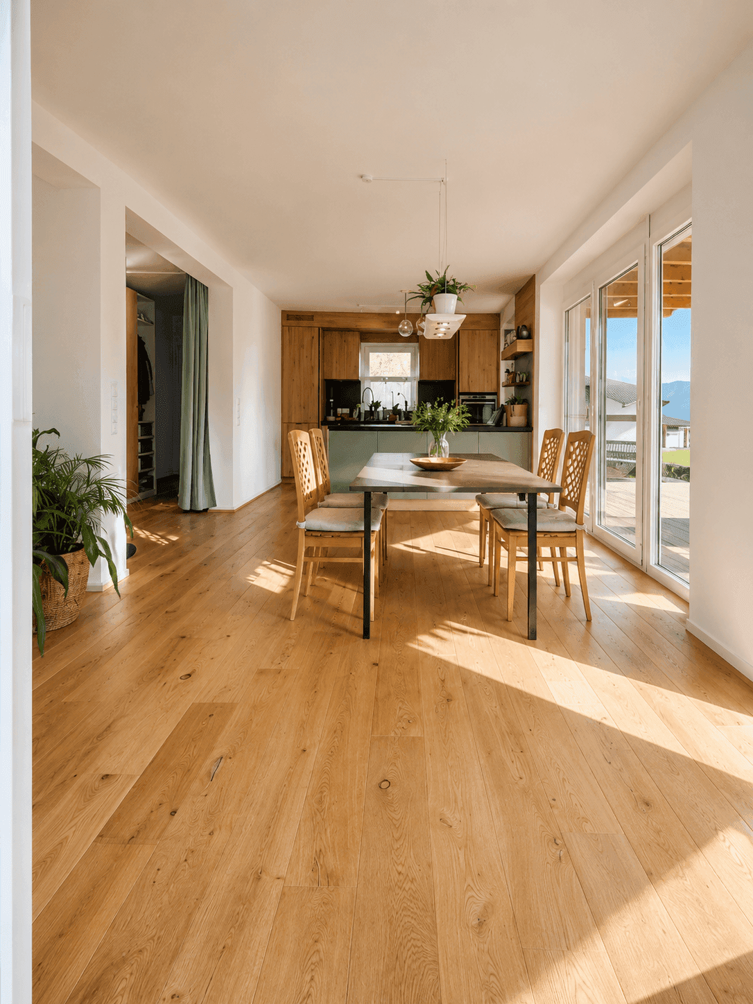 Lichtdurchfluteter Essbereich mit Holztisch, Stühlen und Zugang zur Terrasse, angrenzend an die Küche.