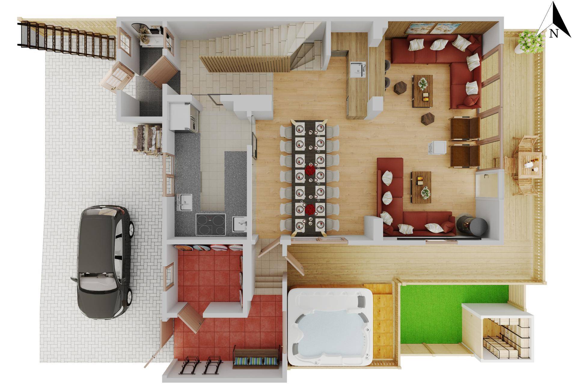 Detaillierter Grundriss als 3D-Rendering mit offenem Wohnbereich, Küche, Esszimmer, Whirlpool und Außenbereich.
