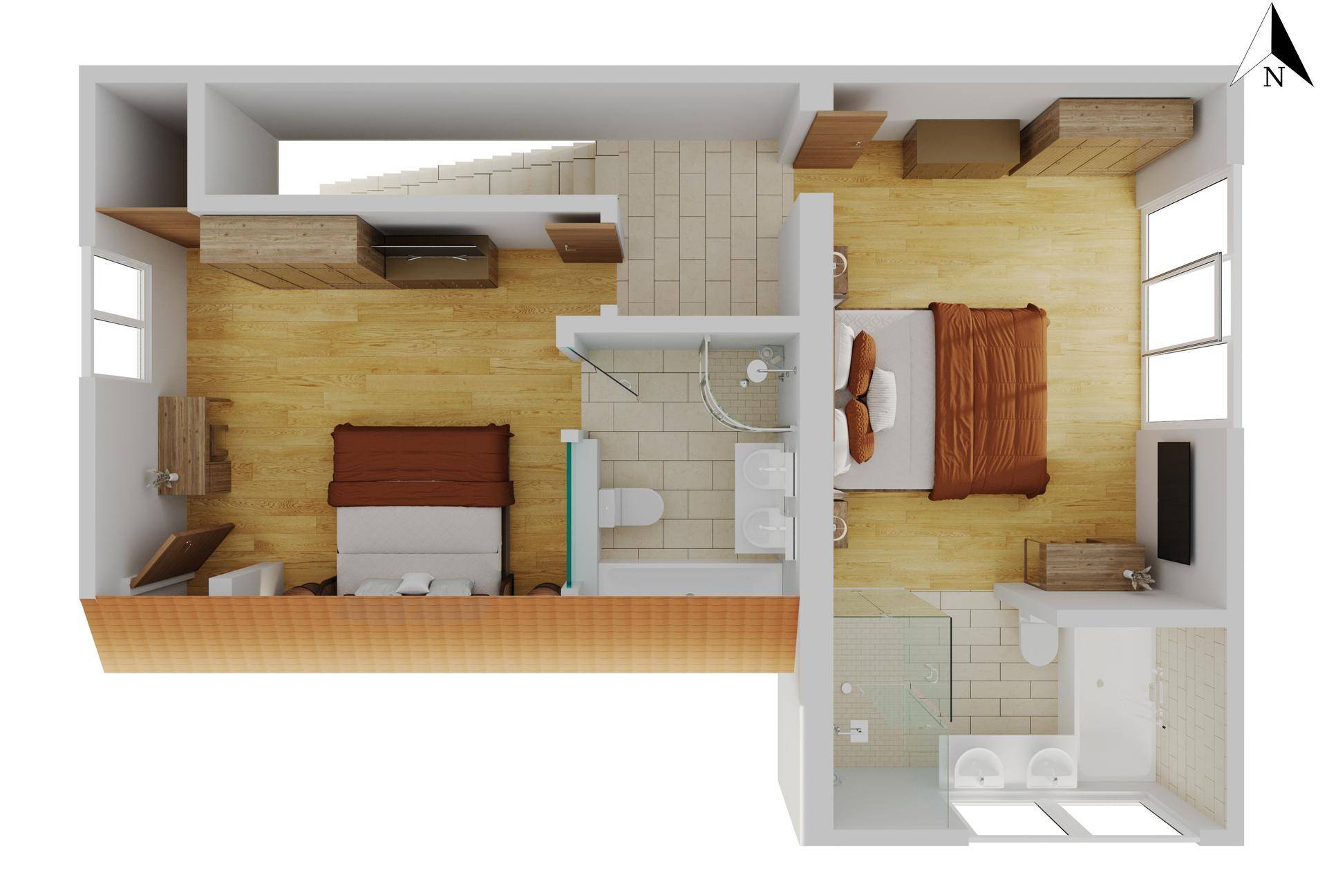 Übersichtlicher Grundriss einer Etage mit Schlafzimmern und Bädern.
