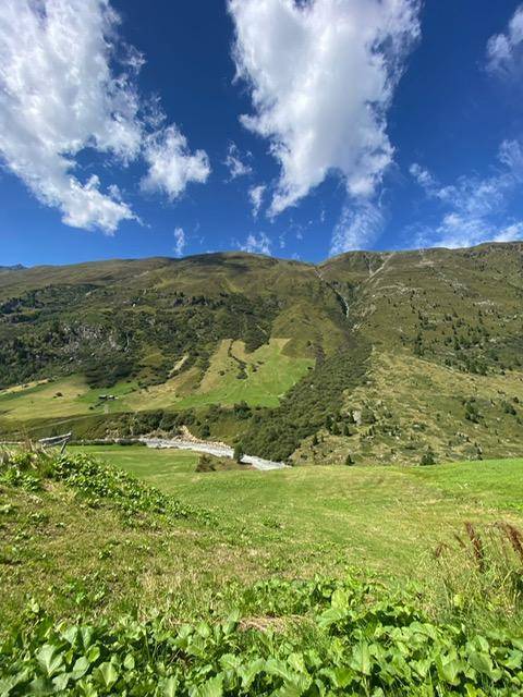 Weitläufige grüne Berglandschaft mit blauem Himmel und weißen Wolken im Sommer.