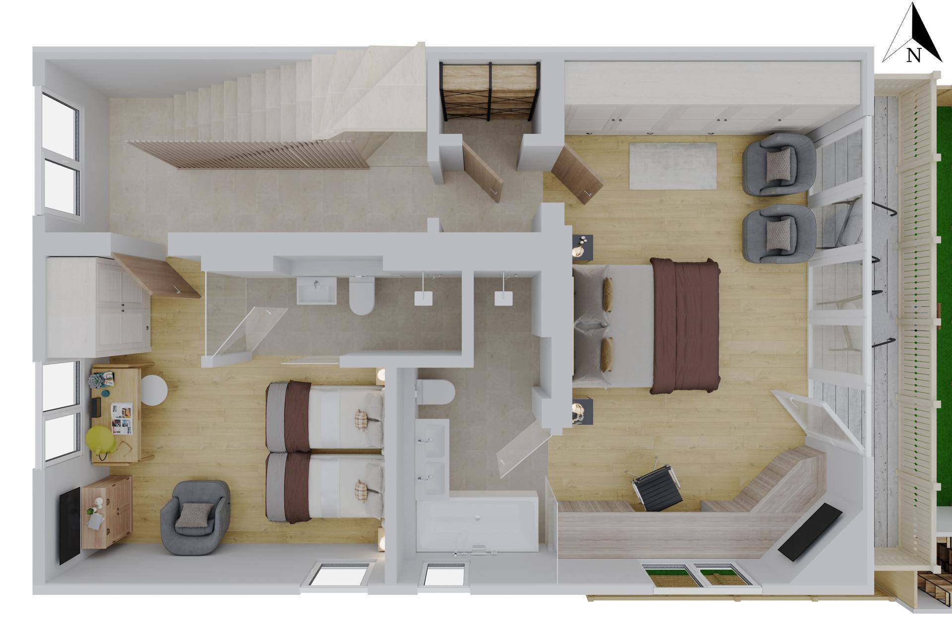 Detaillierter Grundriss einer Etage mit mehreren Schlafzimmern, Bädern und Balkonzugang.