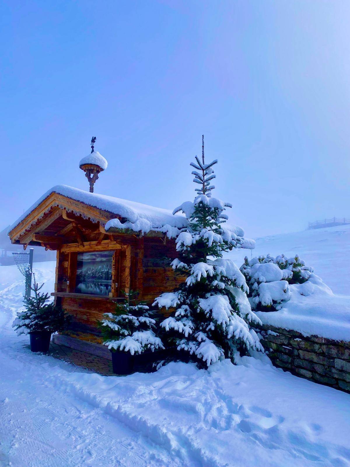Kleine Holzhütte in einer tief verschneiten Winterlandschaft mit Tannenbäumen.
