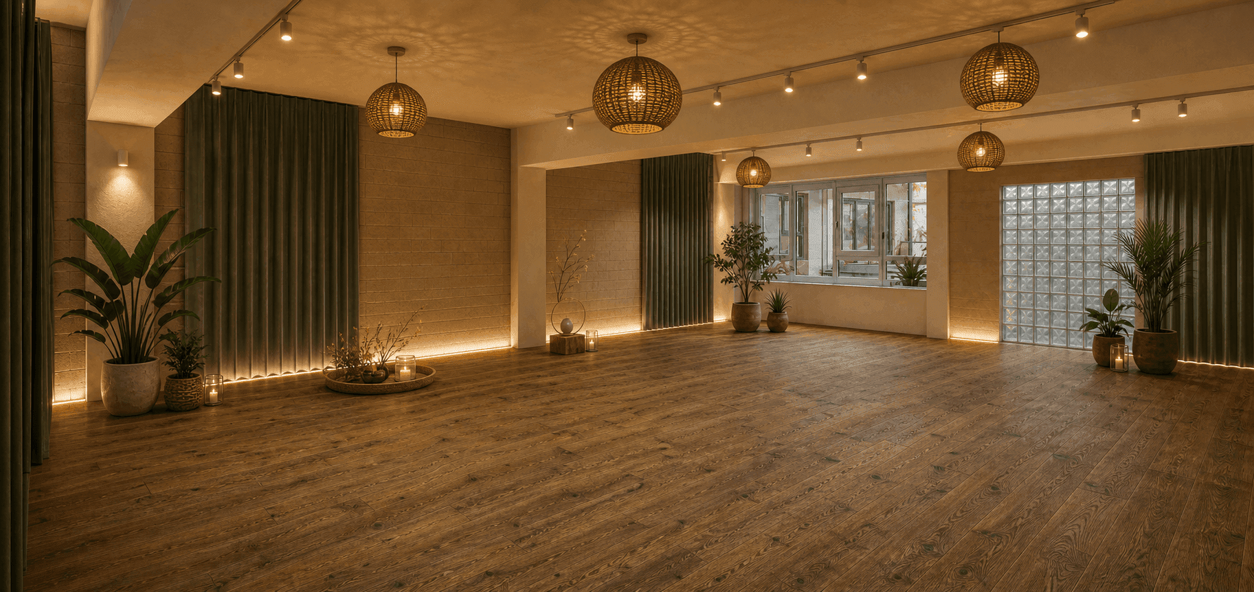 Geräumiger Yoga- oder Meditationsraum mit Holzboden, großen Fenstern und stimmungsvoller Beleuchtung.