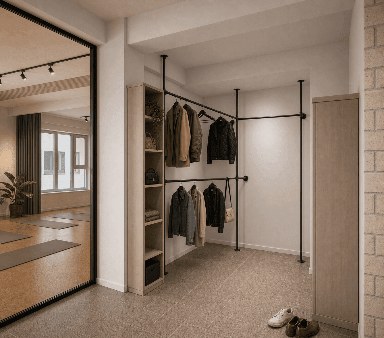 Praktischer Umkleideraum mit offener Garderobe, Regalen und Ablagemöglichkeiten für Kleidung.
