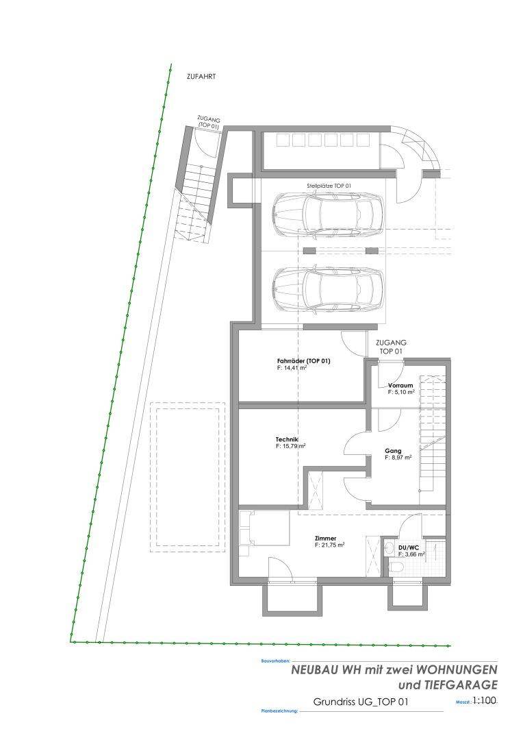 Grundriss des Untergeschosses mit Tiefgarage für zwei Fahrzeuge, Technikraum und einem Zimmer mit Bad.