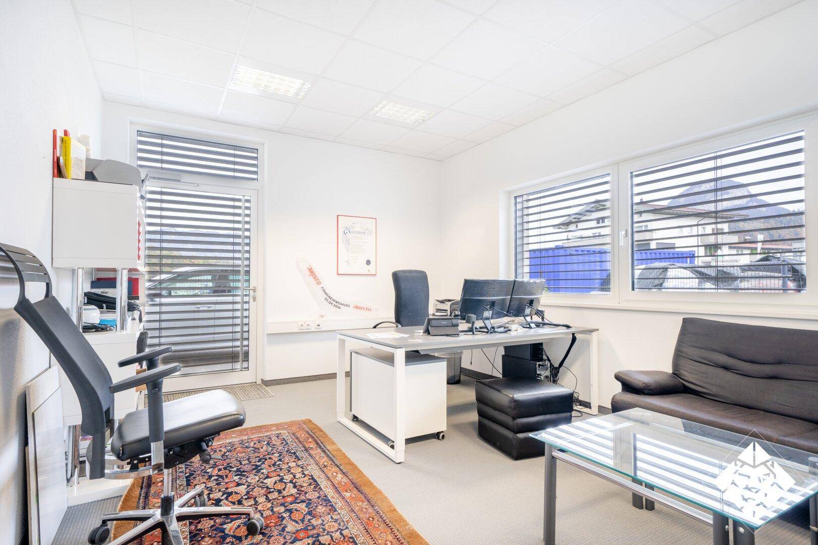Geräumiges Büro mit Schreibtisch, Ledersofa und einem orientalischen Teppich auf dem Boden.