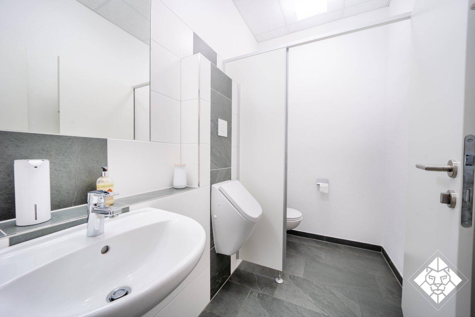 Moderner Waschraum mit Waschbecken, Spiegel, Urinal und einer Toilettenkabine im Hintergrund.