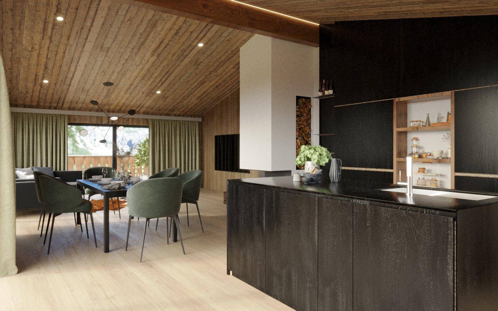 Offener Wohn-Essbereich mit moderner Küche, Holzbalkendecke und Zugang zur Terrasse.