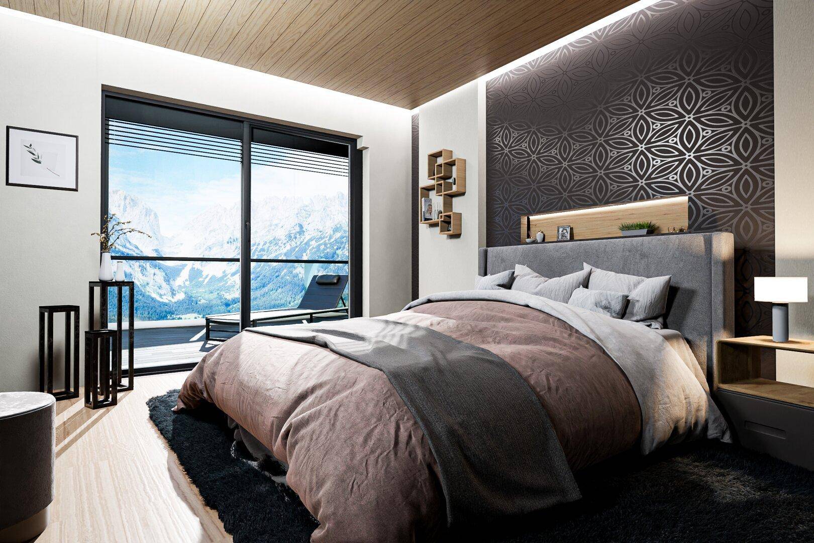 Modernes Schlafzimmer mit großem Bett, Holzakzenten und beeindruckendem Bergblick.