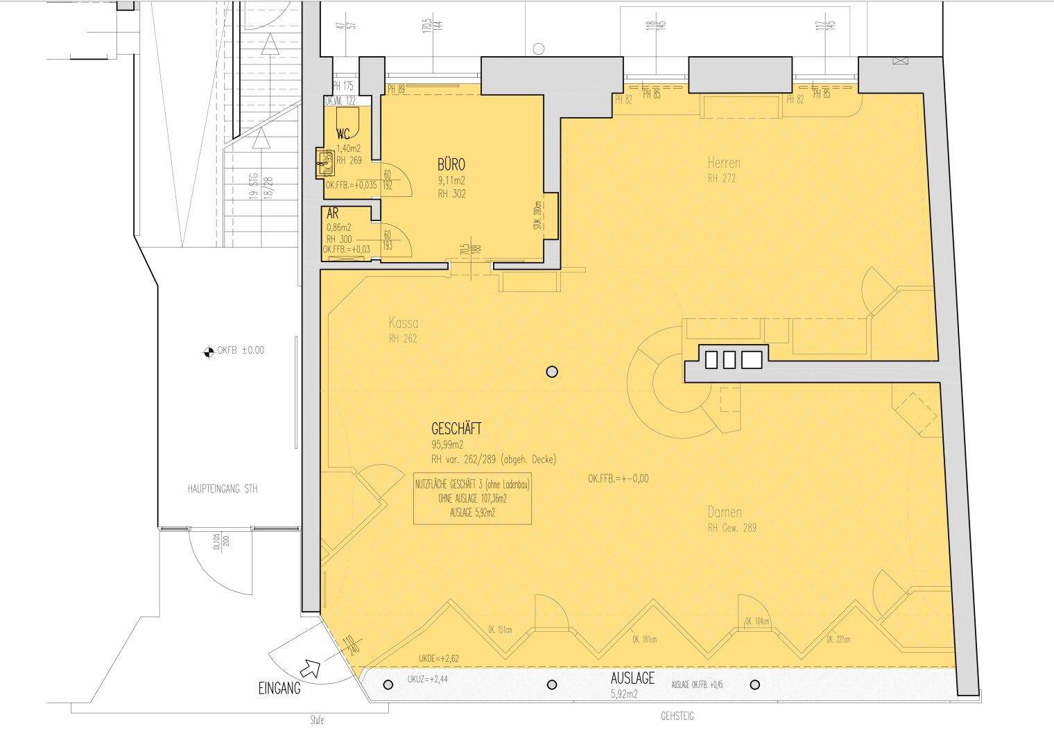 Grundriss eines Geschäftsraums mit Büro, WC und separaten Herren- und Damenbereichen, inklusive Eingang und Schaufenster.