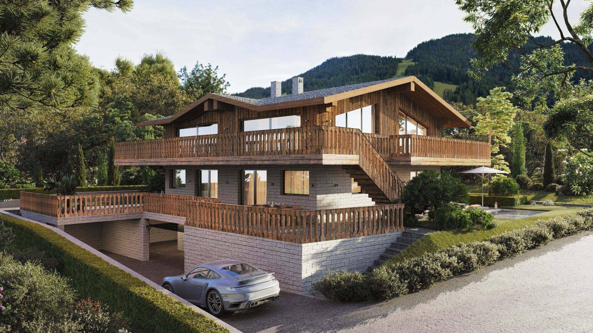 Frontansicht des Holzchalets mit Balkonen, integrierter Garage und einem Poolbereich im Hintergrund.