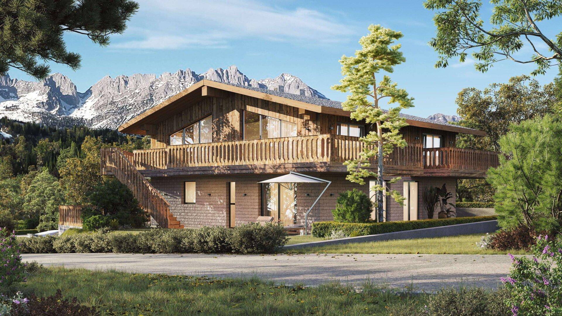 Luxuriöses Holzchalet mit weitläufigen Balkonen und beeindruckendem Blick auf die schneebedeckten Berge.
