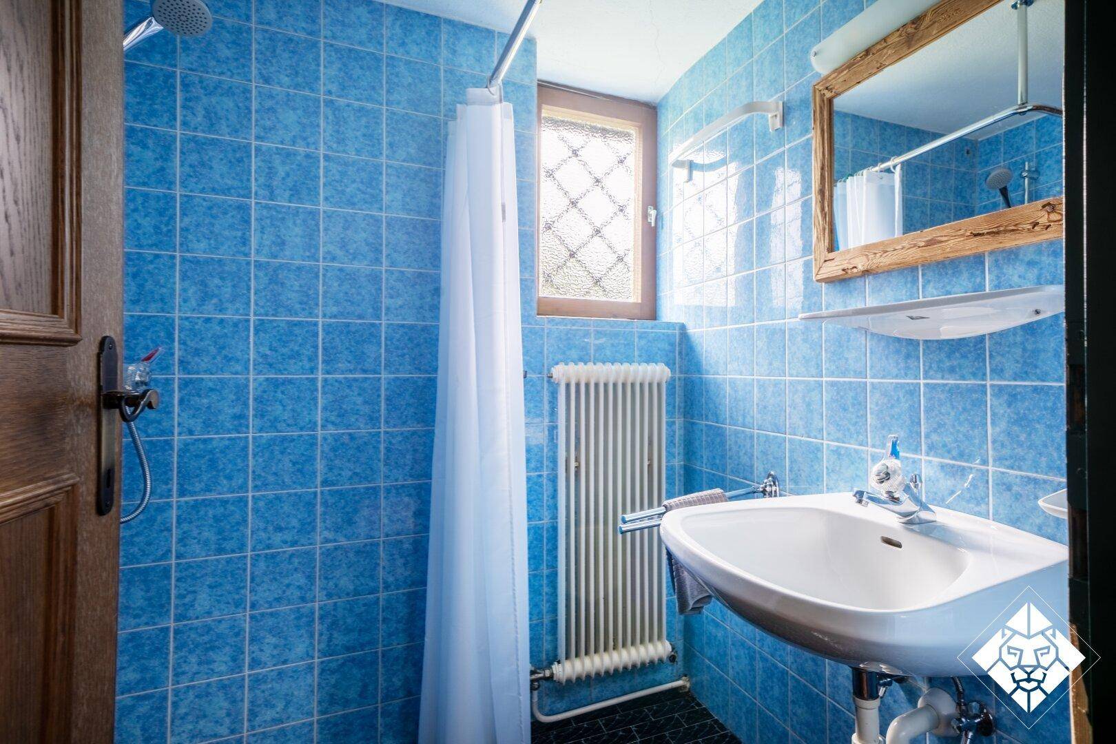 Badezimmer mit blauen Fliesen, Dusche, Waschbecken und Fenster, funktional und hell.