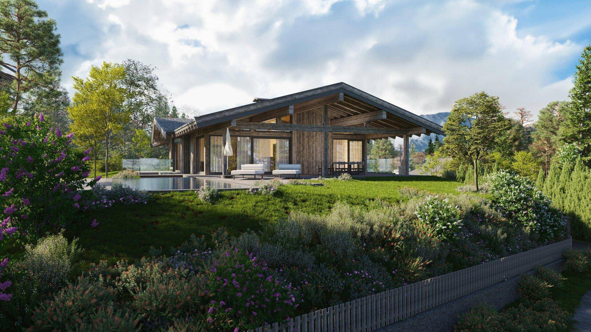 Elegantes Holzhaus mit weitläufigem Garten, Pool und Panoramablick auf die umliegende Natur.