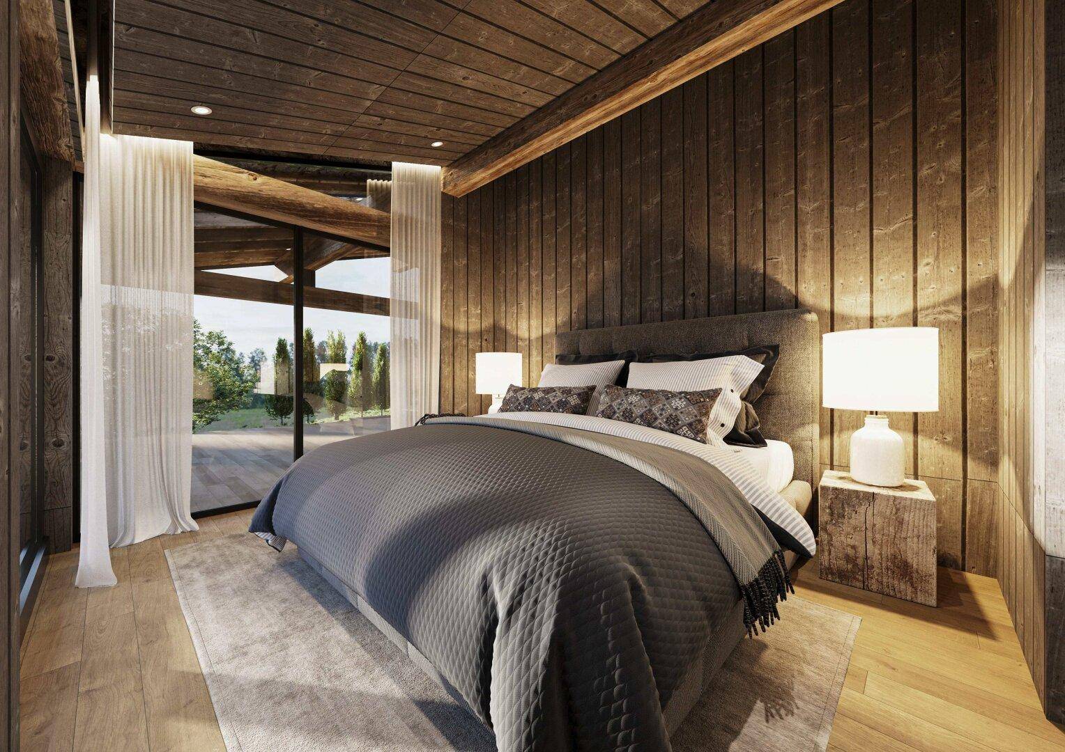 Schlafzimmer mit Holzwänden, großen Fenstern und direktem Zugang zu einem Außenbereich.