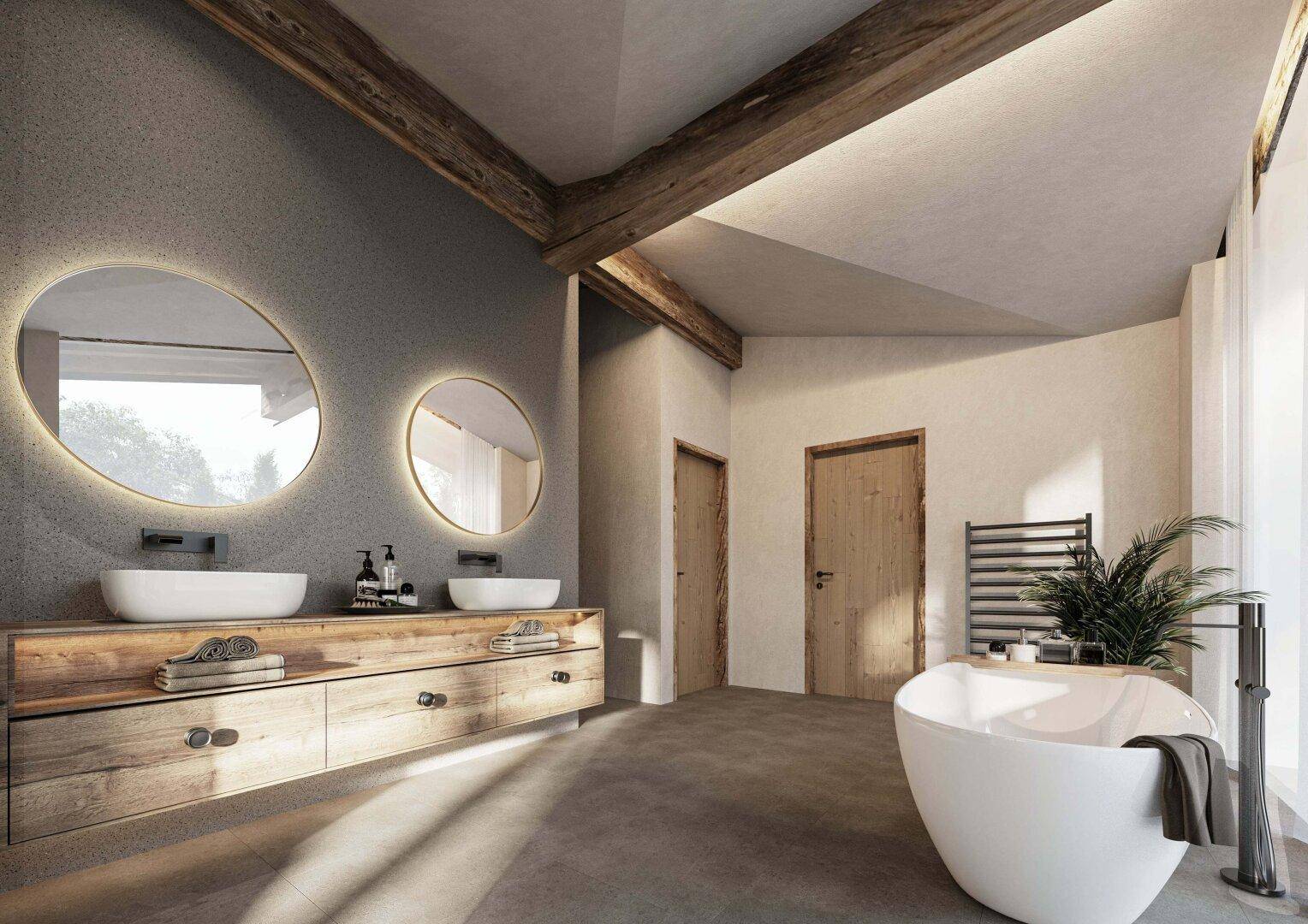 Modernes Badezimmer mit freistehender Badewanne, Doppelwaschbecken und sichtbaren Holzbalken.
