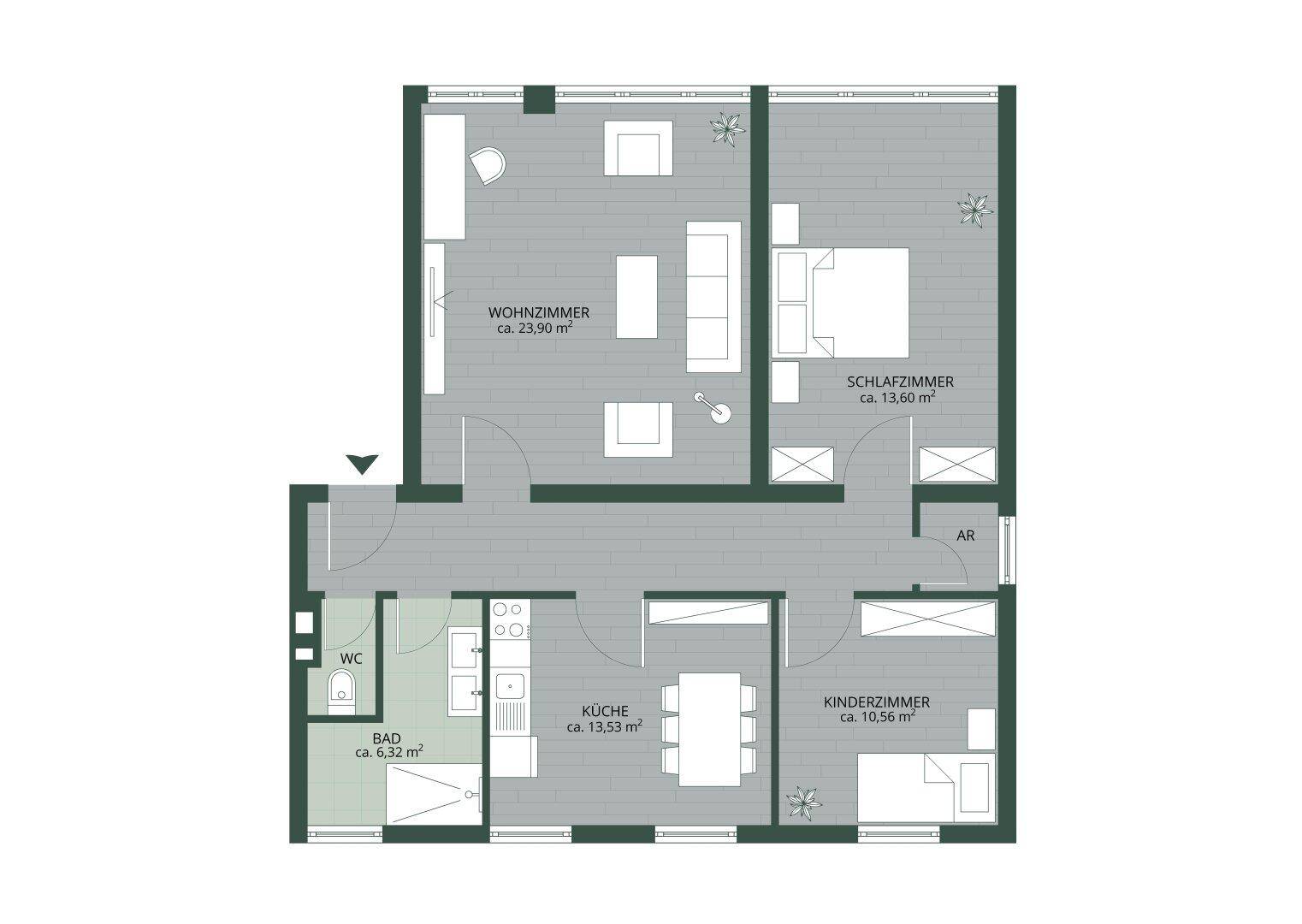 Grundriss einer Wohnung mit Wohnzimmer, Schlafzimmer, Kinderzimmer, Küche, Bad und separatem WC.