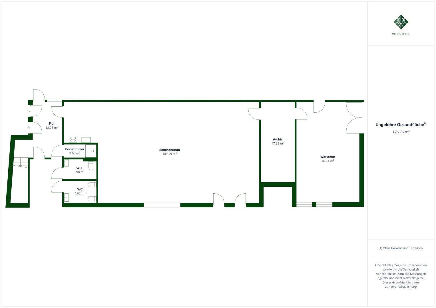 Grundriss des Erdgeschosses mit Seminarraum, Archiv und mehreren Toiletten auf 178,76 m².