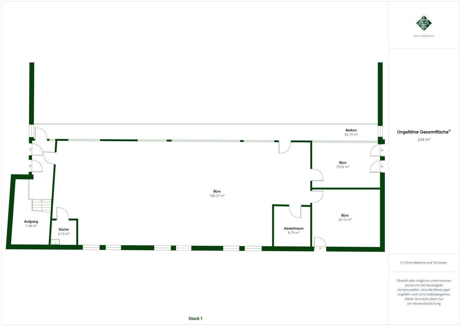 Grundriss des ersten Stocks mit mehreren Büros, einer Küche und einem Abstellraum auf 234 m².
