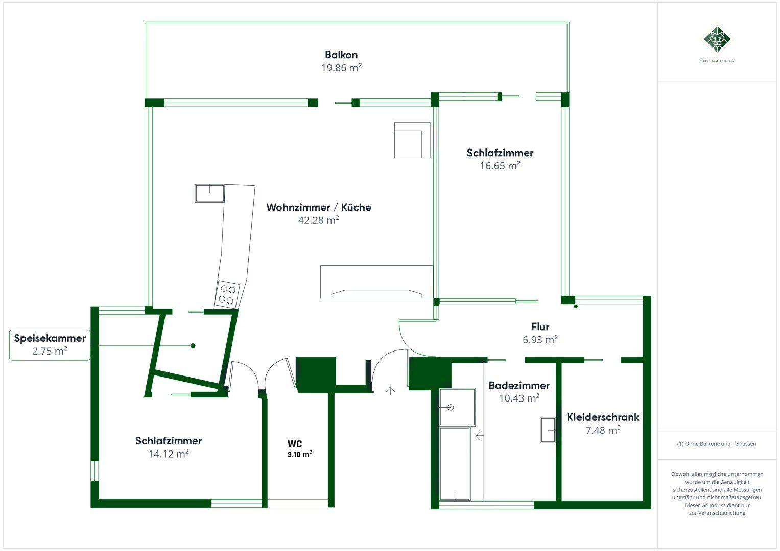 Grundriss mit offenem Wohn-/Küchenbereich, zwei Schlafzimmern und großem Balkon.