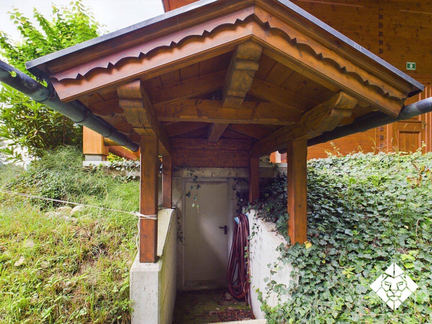 Überdachter Eingang zu einem Keller oder Abstellraum, umgeben von Efeu und Grün.