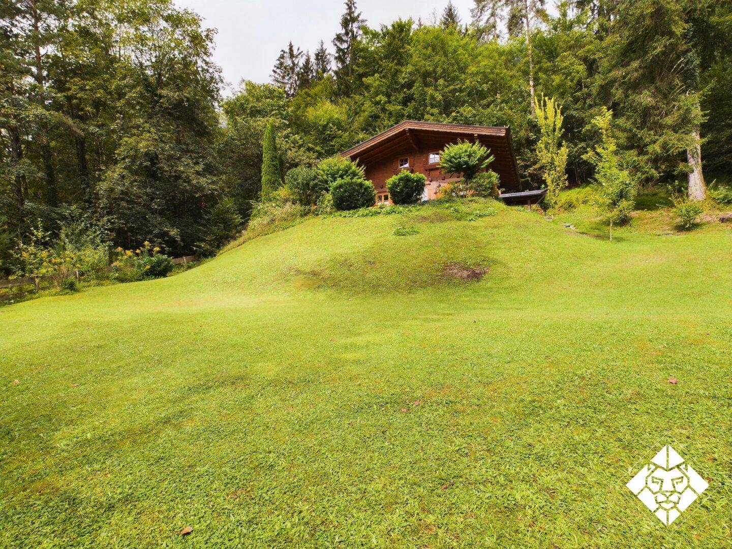 Idyllisches Holzhaus auf einem Hügel, umgeben von einem weitläufigen grünen Garten und Wald.