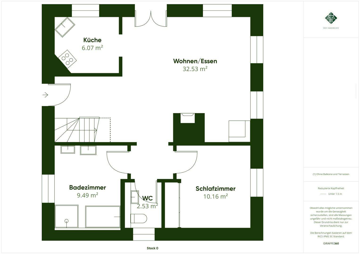 Grundriss des Erdgeschosses mit Küche, Wohn-Essbereich, Schlafzimmer, Badezimmer und separatem WC.