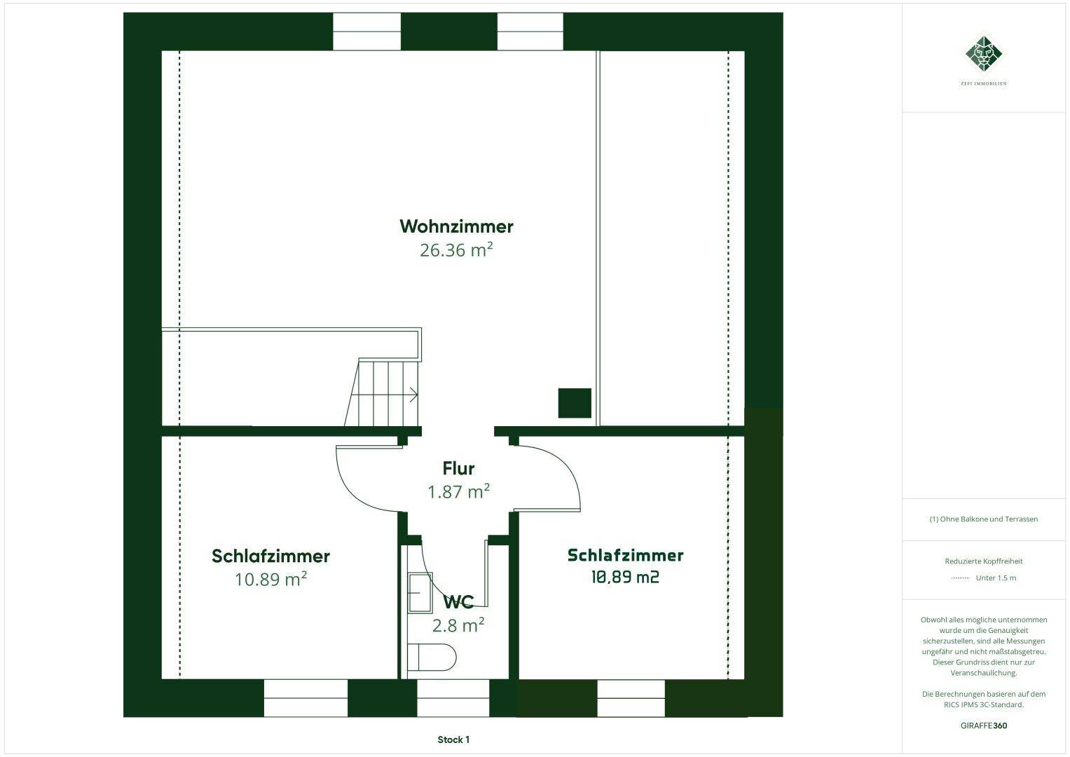Grundriss des Obergeschosses mit Wohnzimmer, zwei Schlafzimmern, Flur und separatem WC.