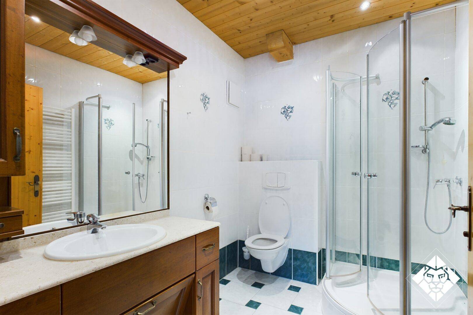 Helles Badezimmer mit Duschkabine, wandhängendem WC und Holzbalkendecke.