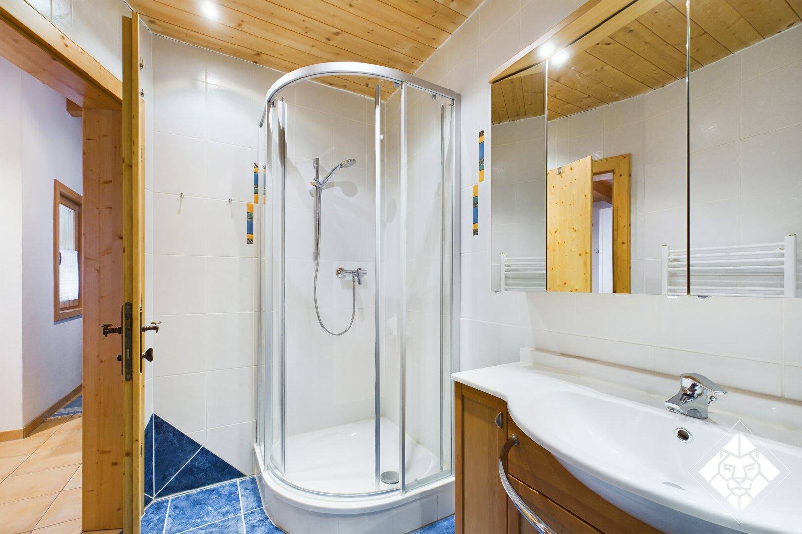 Modernisiertes Badezimmer mit Duschkabine, Waschbecken und blauen Akzentfliesen.