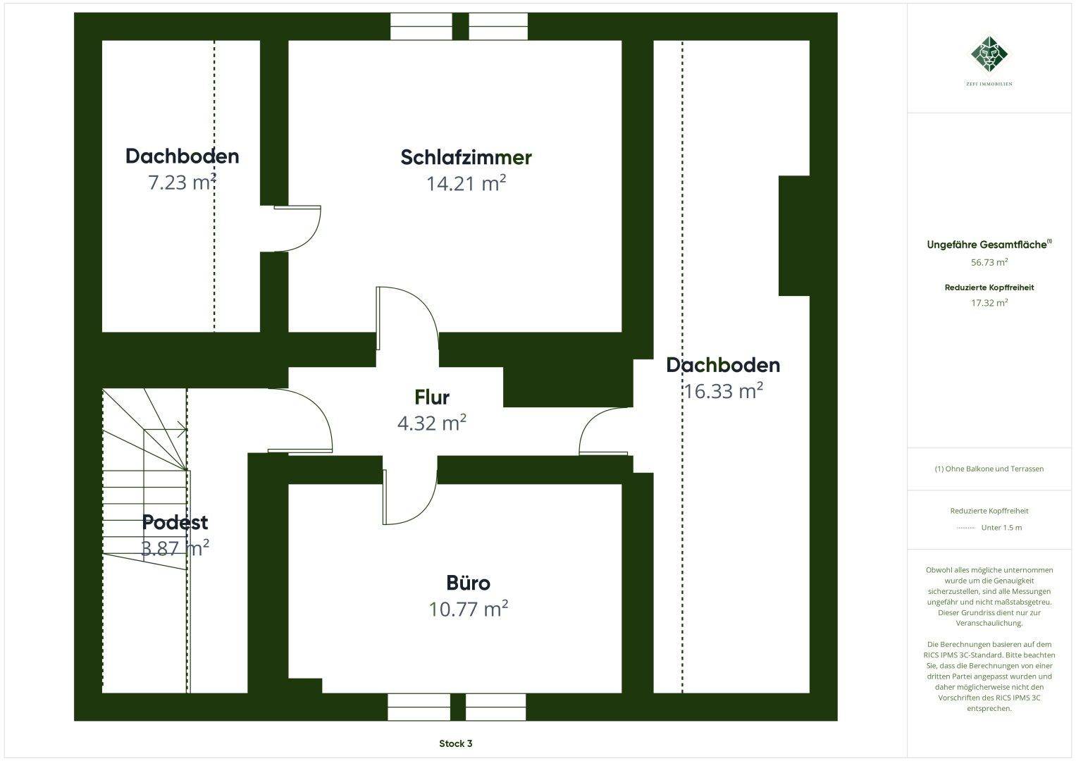 Grundriss des Dachgeschosses mit Schlafzimmer, Büro und Dachbodenflächen.