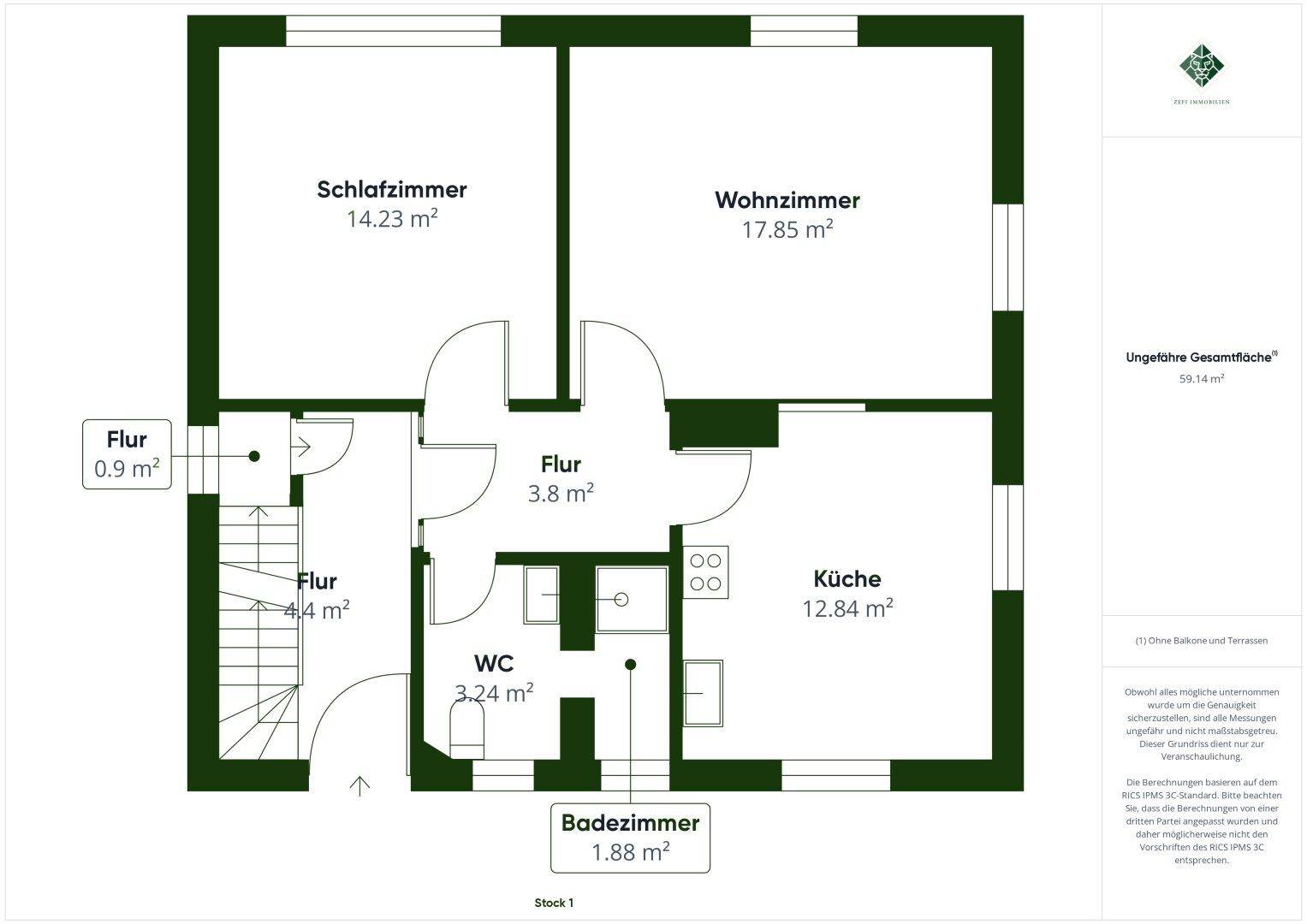 Grundriss des ersten Obergeschosses mit Schlafzimmer, Wohnzimmer, Küche und Bad.
