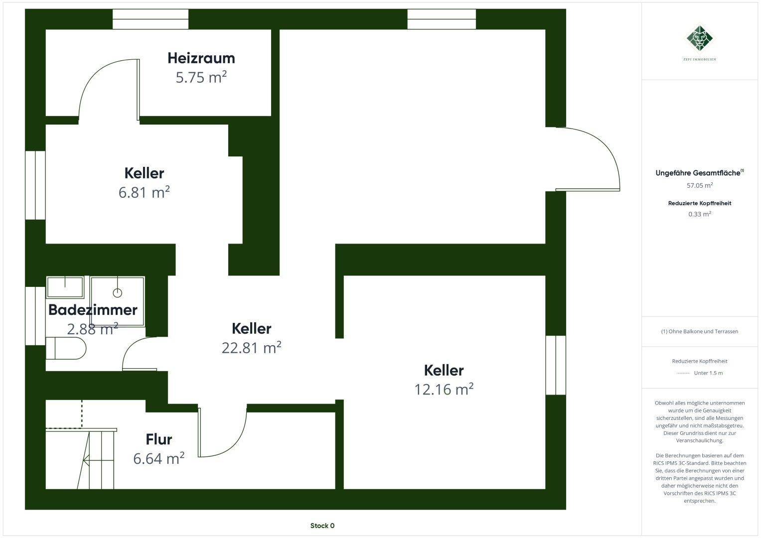 Grundriss des Untergeschosses mit Heizraum, Bad und mehreren Kellerräumen.