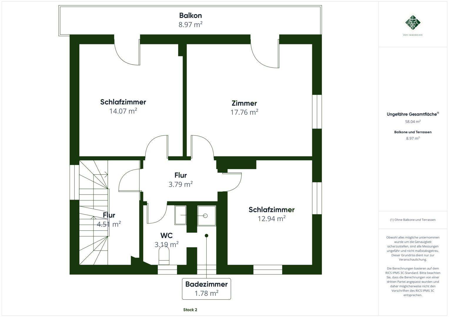 Grundriss des zweiten Obergeschosses mit zwei Schlafzimmern, einem Zimmer und Balkon.