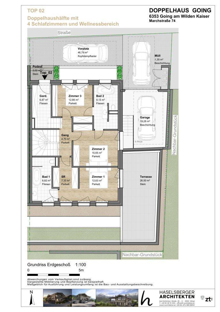 Grundriss des Erdgeschosses mit drei Schlafzimmern, Bädern und Garage.