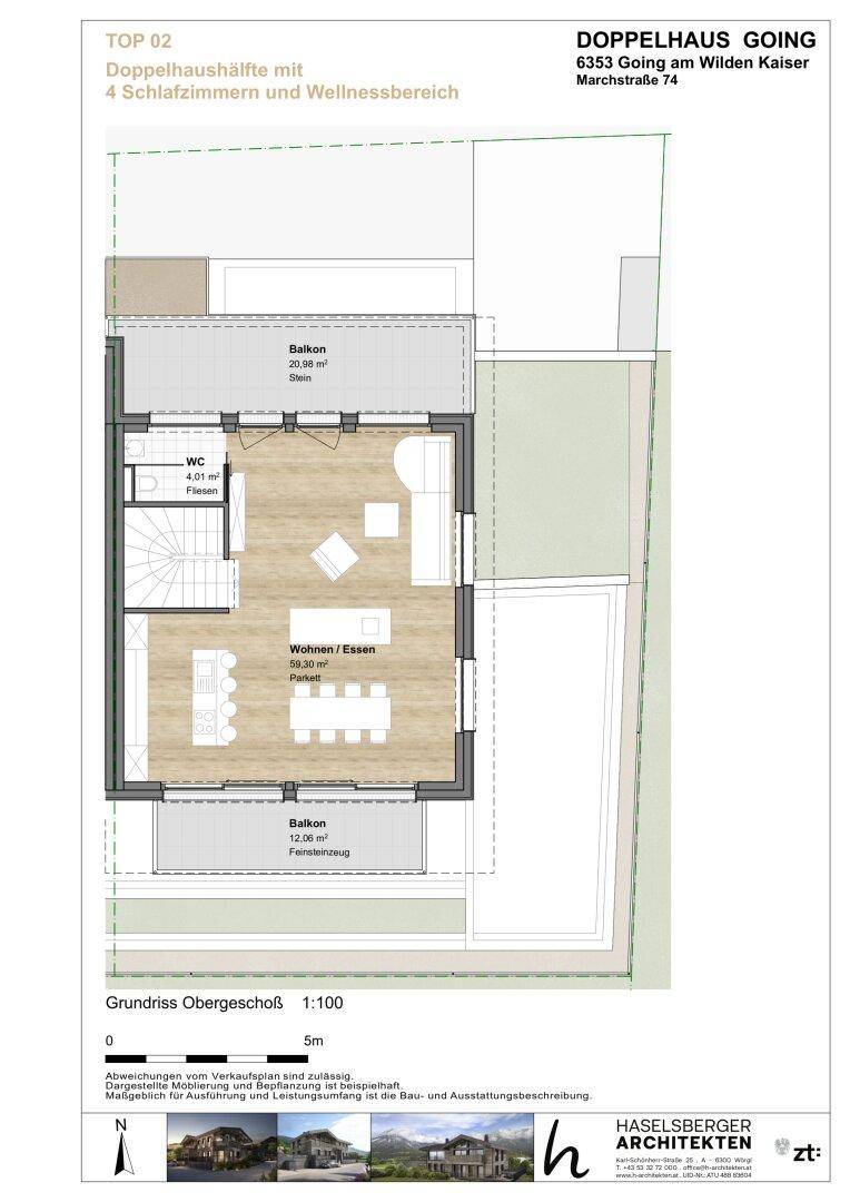 Grundriss des Obergeschosses mit offenem Wohn-Essbereich und zwei Balkonen.