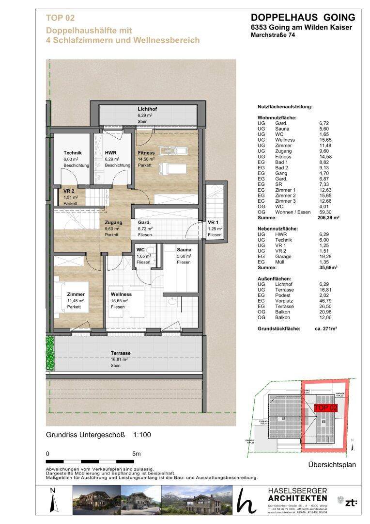 Grundriss des Untergeschosses mit Wellnessbereich, Sauna, Fitnessraum und Technikraum.