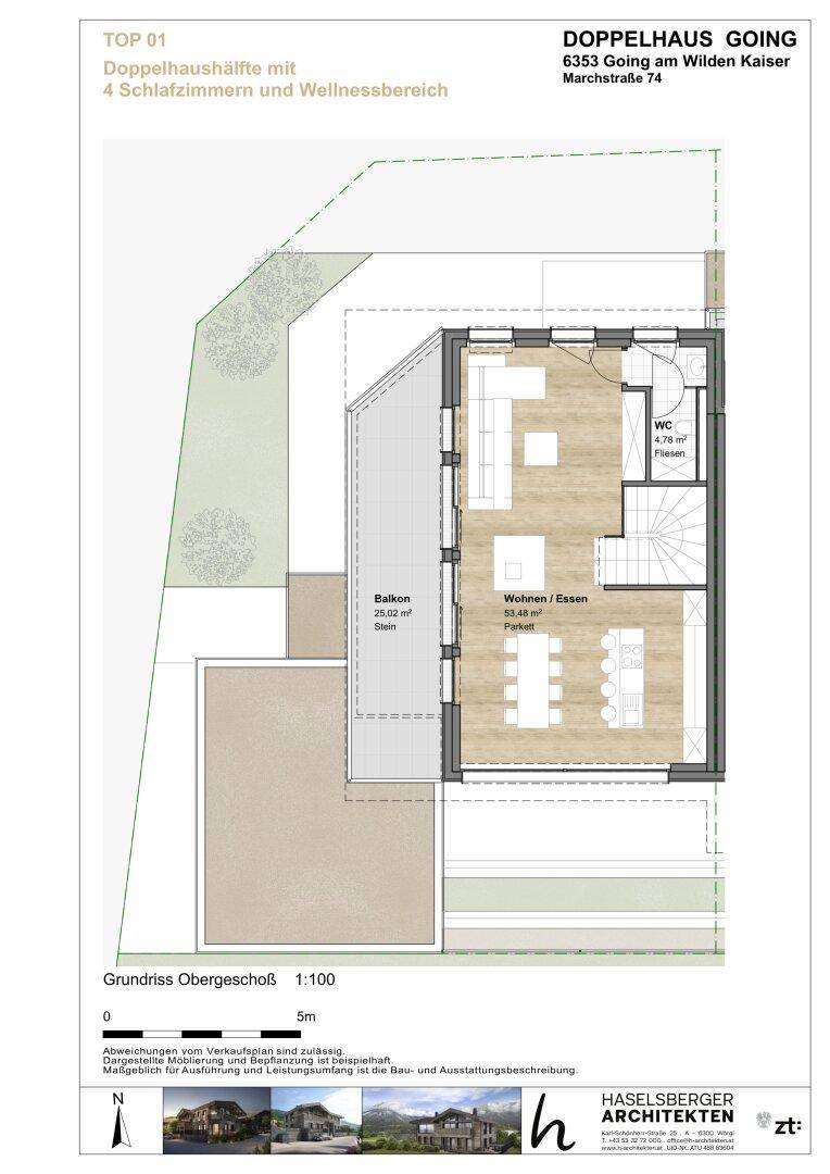 Grundriss des Obergeschosses mit offenem Wohn-Essbereich, Küche und großem Balkon.