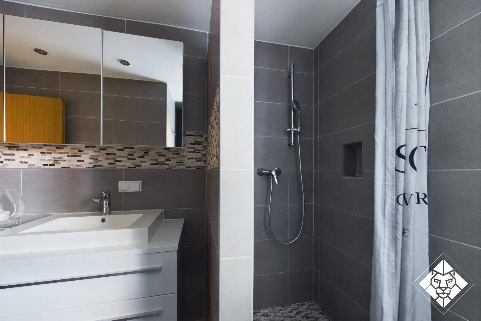 Badezimmer mit Einzelwaschbecken, Spiegelschrank und Duschbereich mit Vorhang.