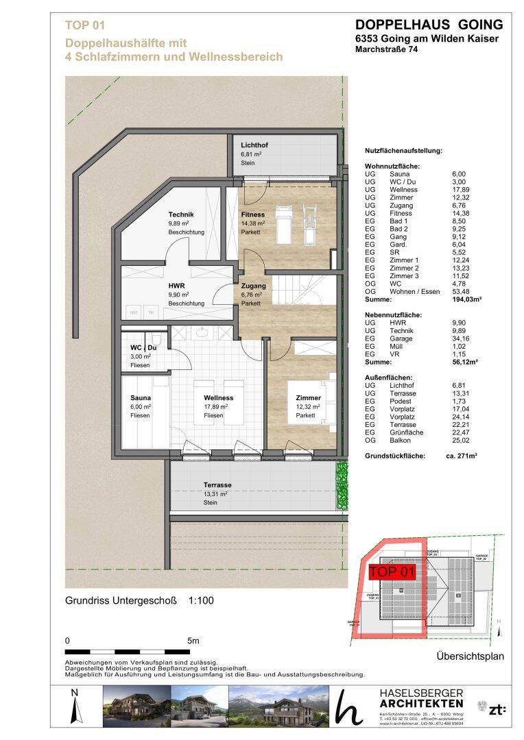 Grundriss des Untergeschosses mit Wellnessbereich, Sauna und Fitnessraum.
