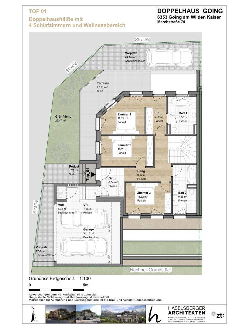 Grundriss des Erdgeschosses mit drei Schlafzimmern, Bädern und Garage.