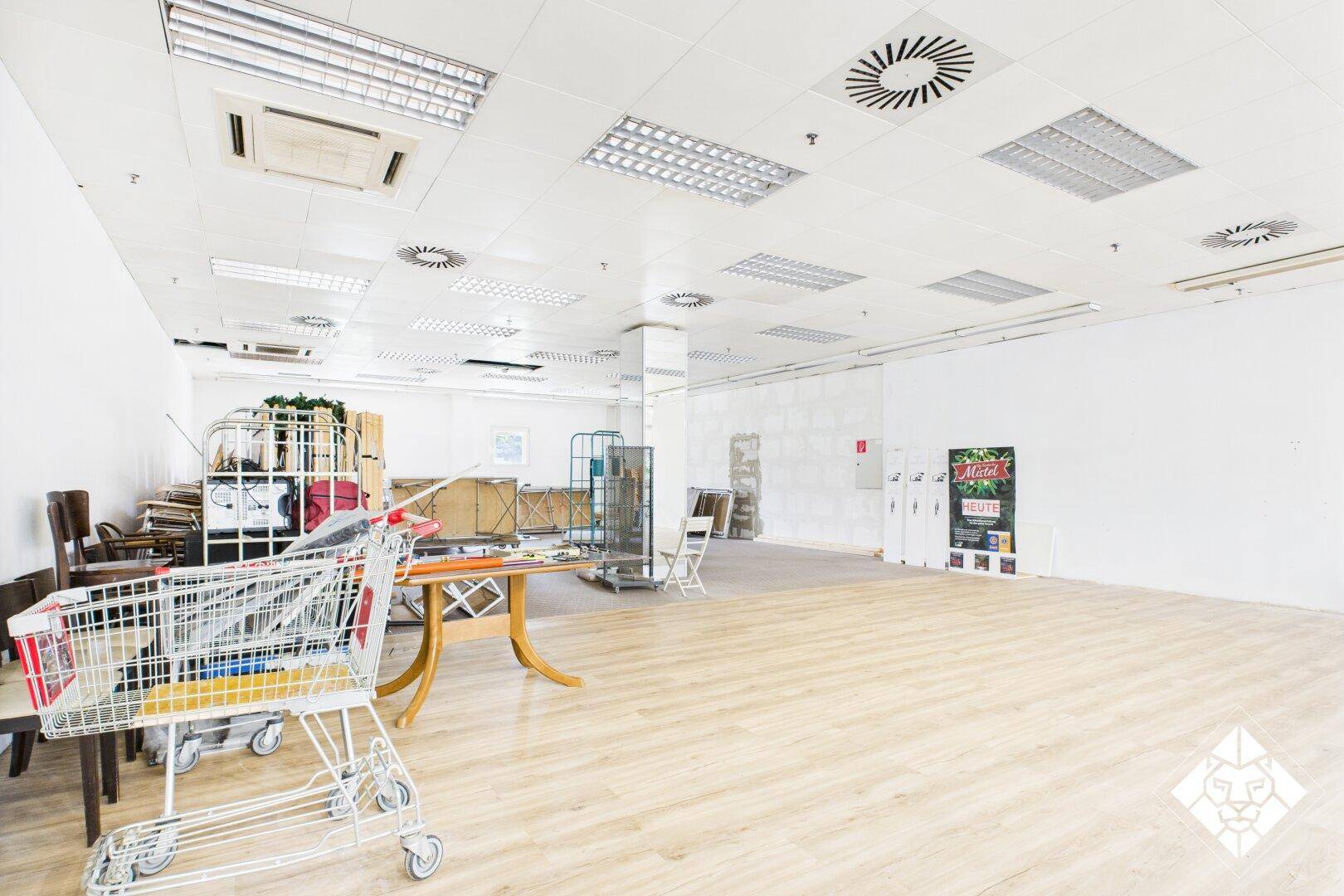 Weitläufiger Gewerberaum mit gemischtem Bodenbelag und funktionaler Deckenbeleuchtung, vielseitig nutzbar.